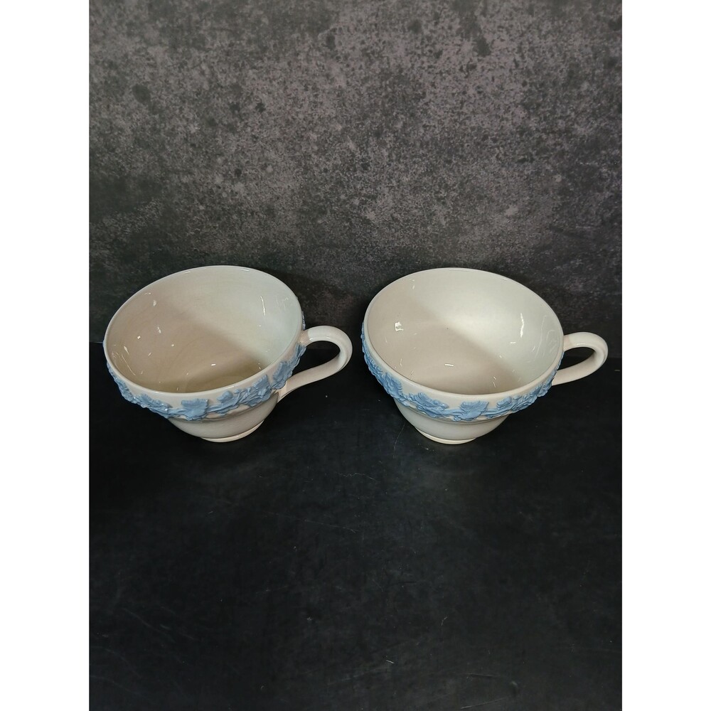 Wedgwood Queen’s Ware Blue on White Embossed Coffee Cups Pair Mixed Condition - Picture 10 of 16